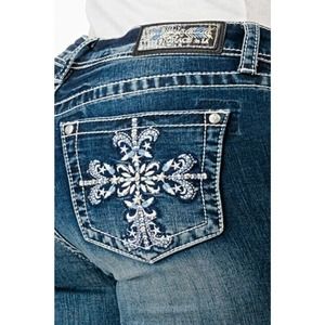 Grace in LA Women's Cross Embroidered Blue Stonewashed Bootcut Stretch Jeans